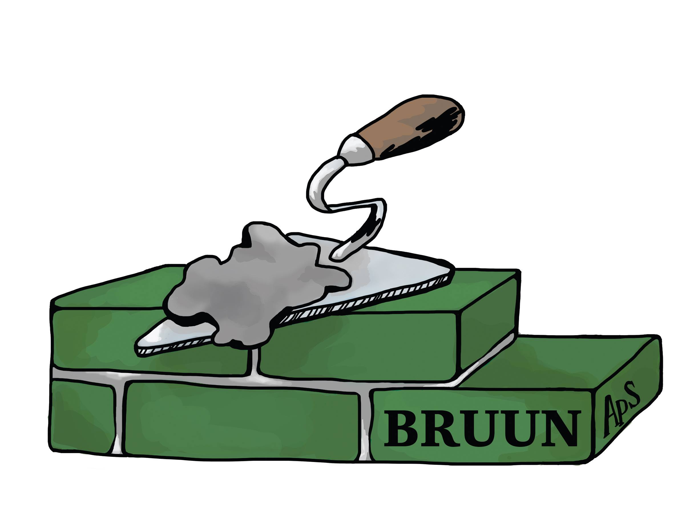 Tegnet billede af mursten og én spartel. Logo for Murermester Bruun ApS